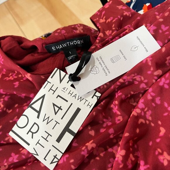 41 Hawthorn Floral Ruched Midi Mesh Overlay Dress Berry Red Pink Size Large NWT - Picture 10 of 11